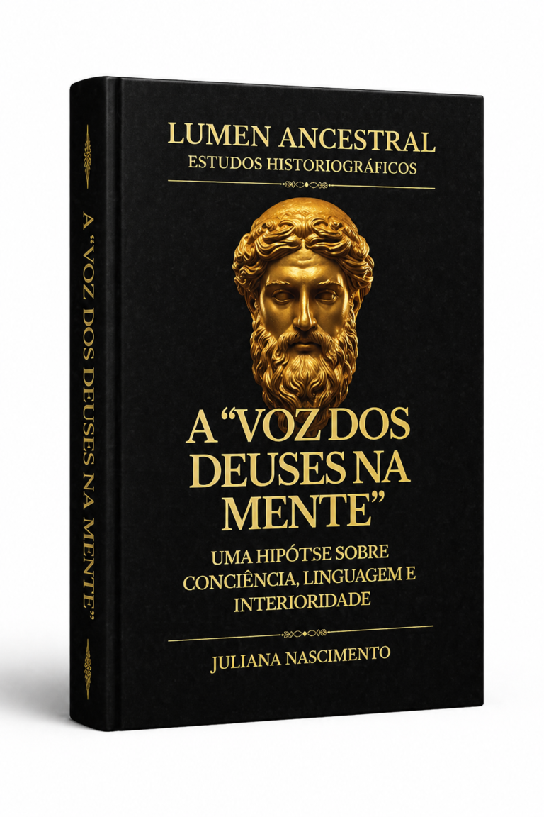 Biblioteca Lumen Mockup do livro A Voz dos Deuses na Mente. Capa preta com detalhes em dourado e a imagem de um busto clássico iluminado, com estética de estudos historiográficos e mistério.