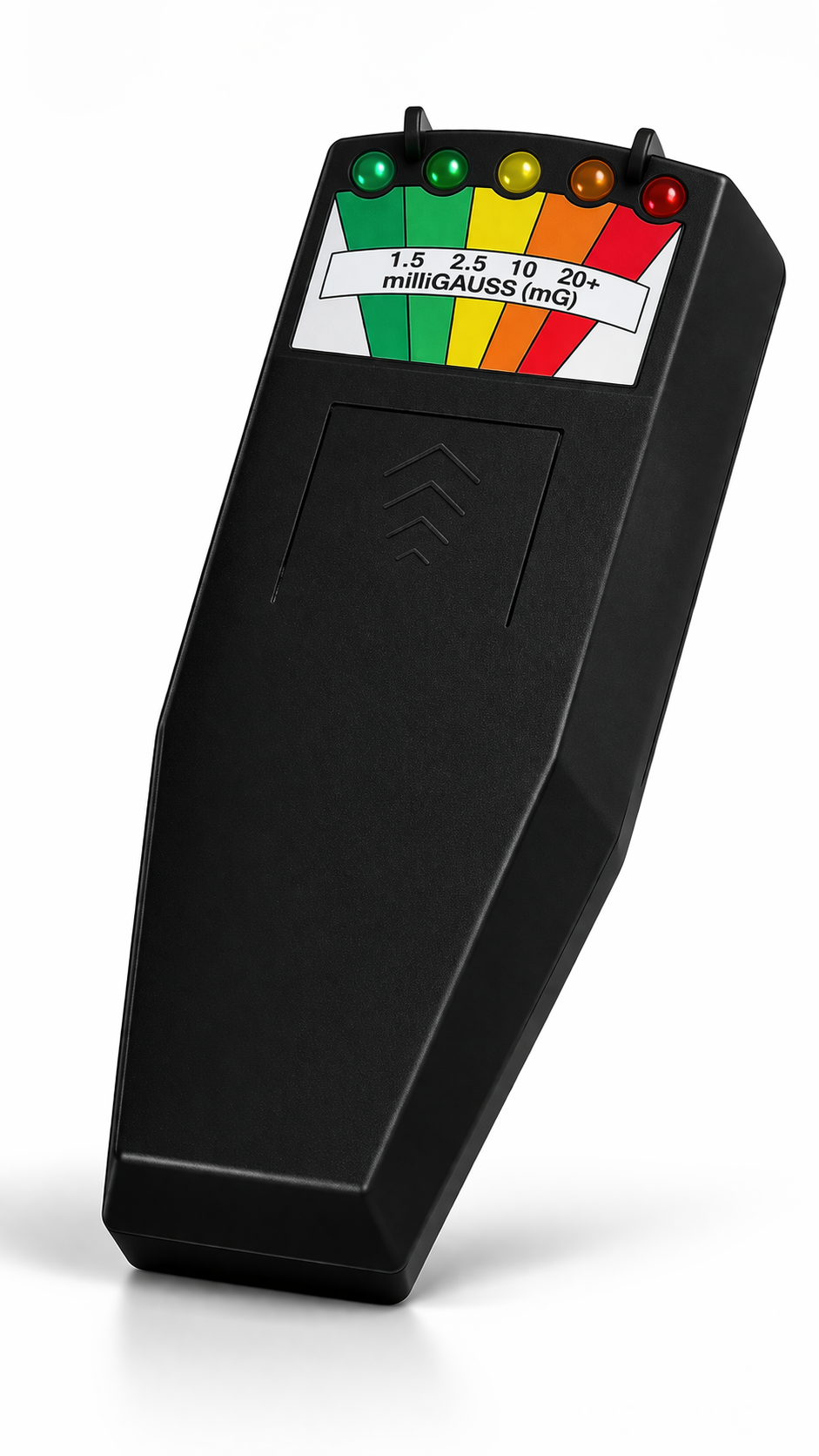 Medidor de campo magnético EMF preto com escala de 5 LEDs coloridos (verde a vermelho).