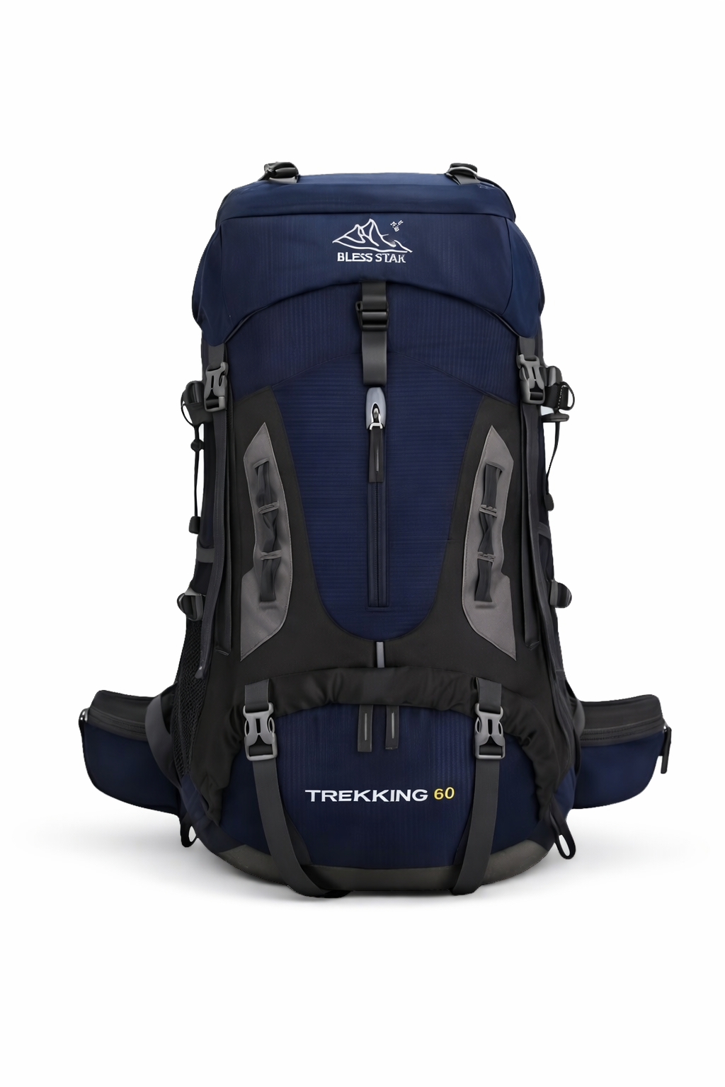 Mochila Cargueira 60L azul marinho para trekking e exploração tática.