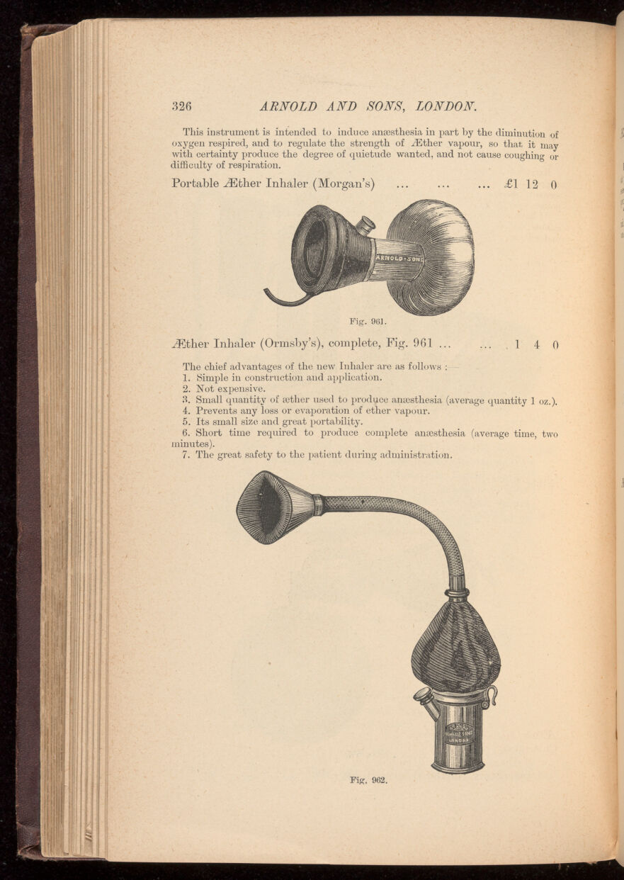 Catálogo médico de 1885 mostrando Inalador de Éter da Arnold and Sons London, evidência histórica sobre o uso do Aether pré-1901.