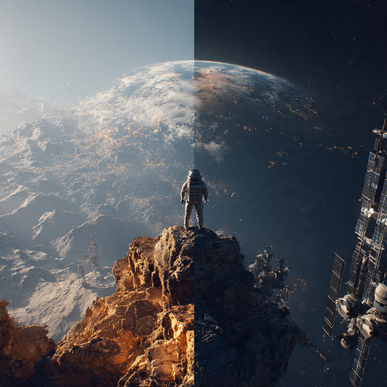 Renderização fotorrealista 8K comparando a visão ancestral da borda da Terra com o modelo global tecnológico cercado por satélites.