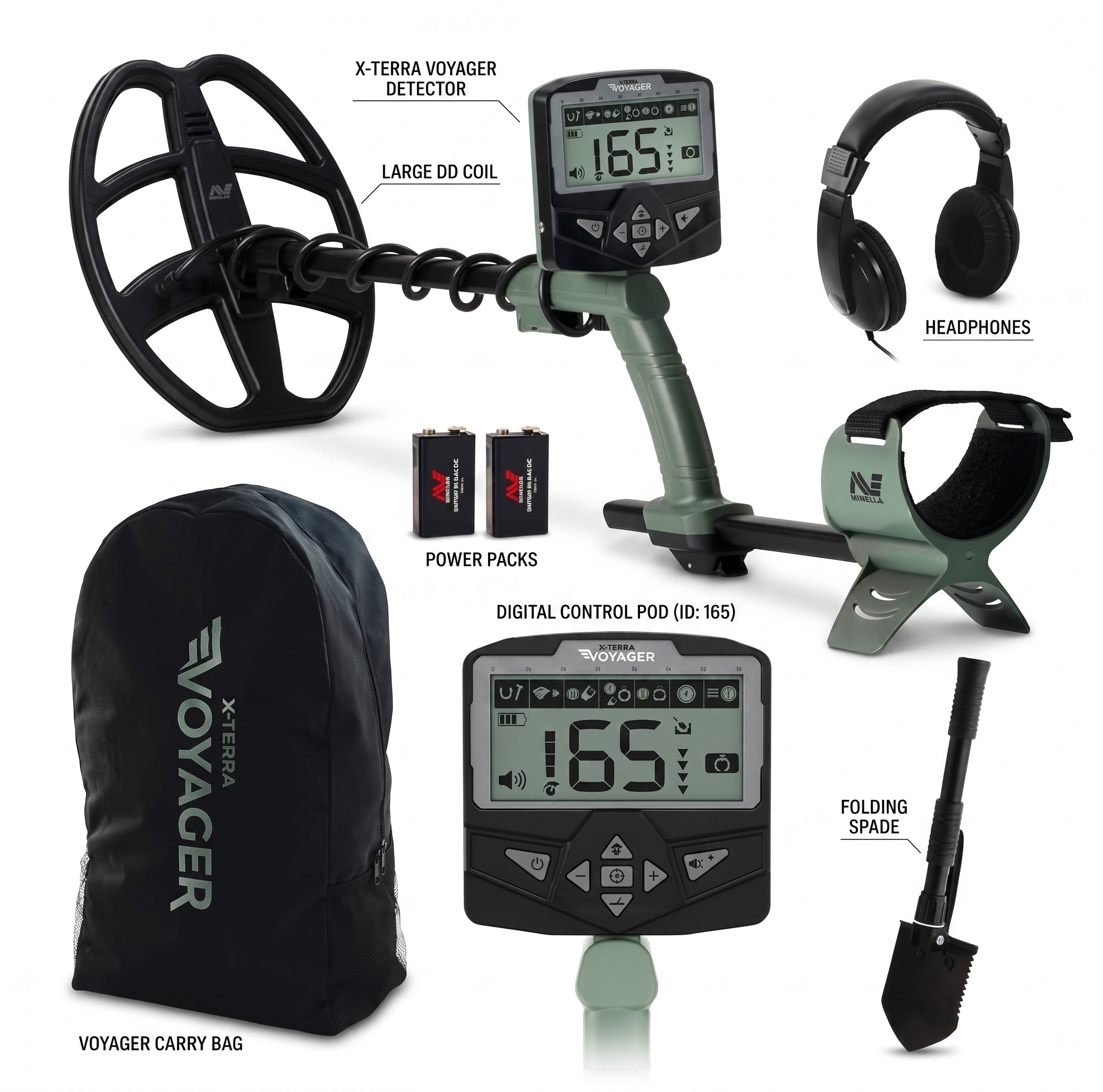 Kit completo do detector de metais Minelab X-Terra Voyager em fundo branco com fones de ouvido, mochila e pá深funda.