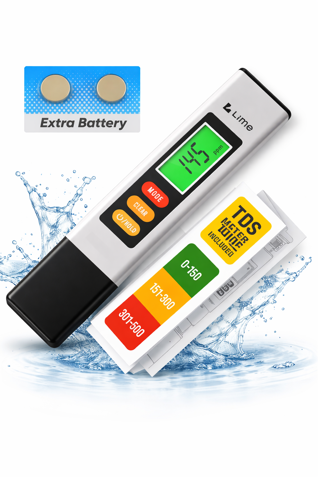 Medidor TDS digital prata com visor LCD verde exibindo 145 ppm, acompanhado de baterias extras e guia de referência de cores para pureza da água.