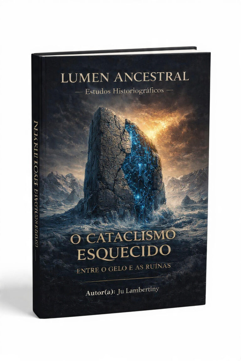 Biblioteca Lumen Capa do livro O Cataclismo Esquecido, com imagem de uma onda gigante ou evento cataclísmico sobre uma cidade antiga, estética cinematográfica e misteriosa.