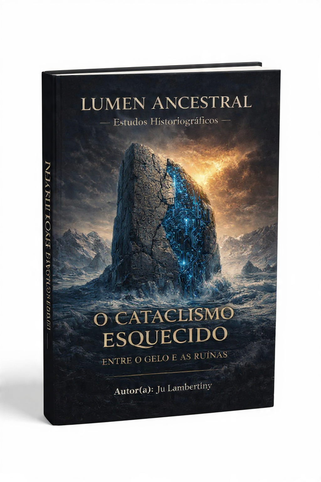 Biblioteca Lumen Capa do livro O Cataclismo Esquecido, com imagem de uma onda gigante ou evento cataclísmico sobre uma cidade antiga, estética cinematográfica e misteriosa.