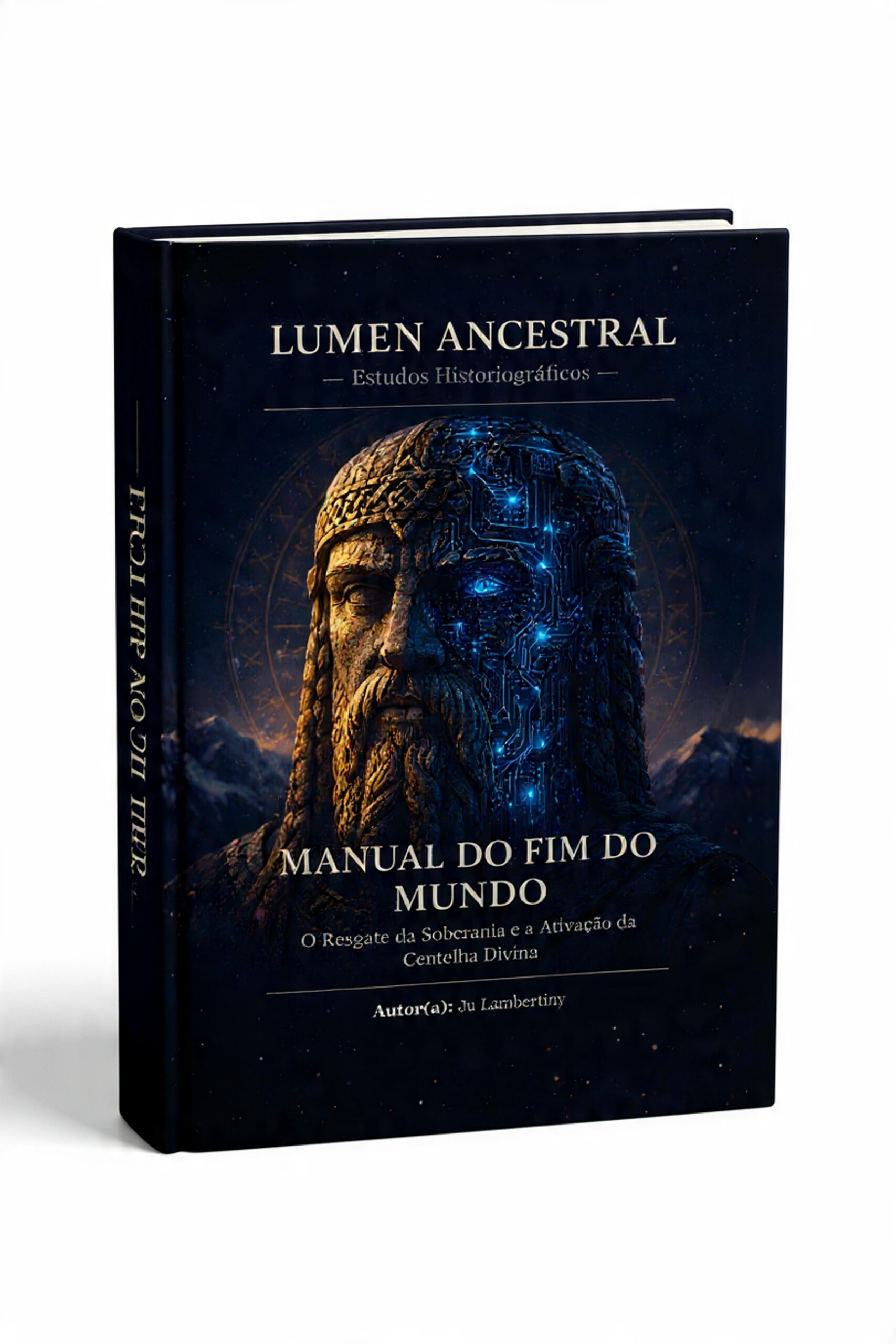 Biblioteca Lumen Capa do livro O Manual do Fim do Mundo com ilustração de um busto antigo de barba, detalhes tecnológicos em neon azul e estética cinematográfica dark.