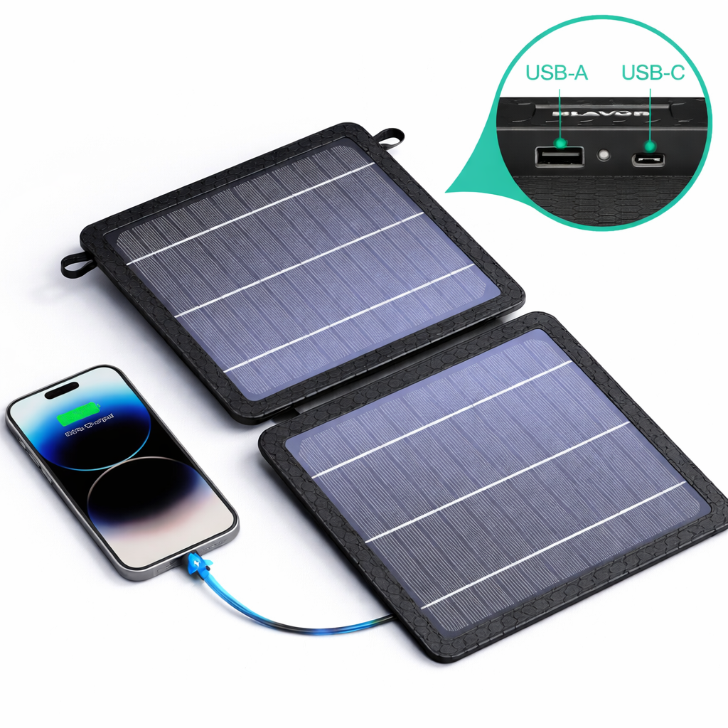 Painel solar portátil dobrável BLAVOR preto de 10W carregando dispositivos via USB.