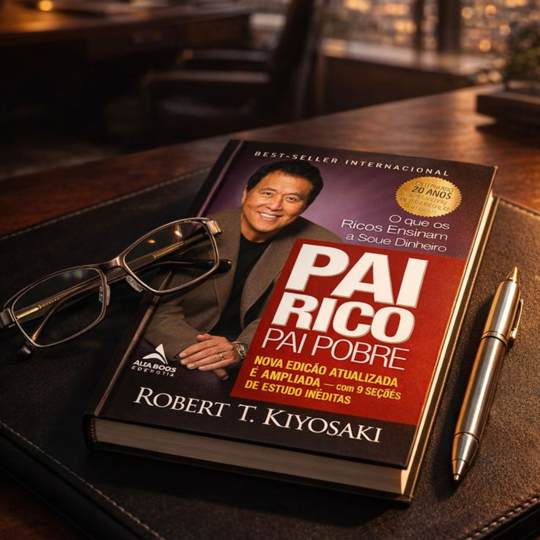 Filósofo em ambiente escuro contemplando fragmentos flutuantes de conhecimento e realidade, representando o despertar financeiro do livro Pai Rico Pai Pobre.