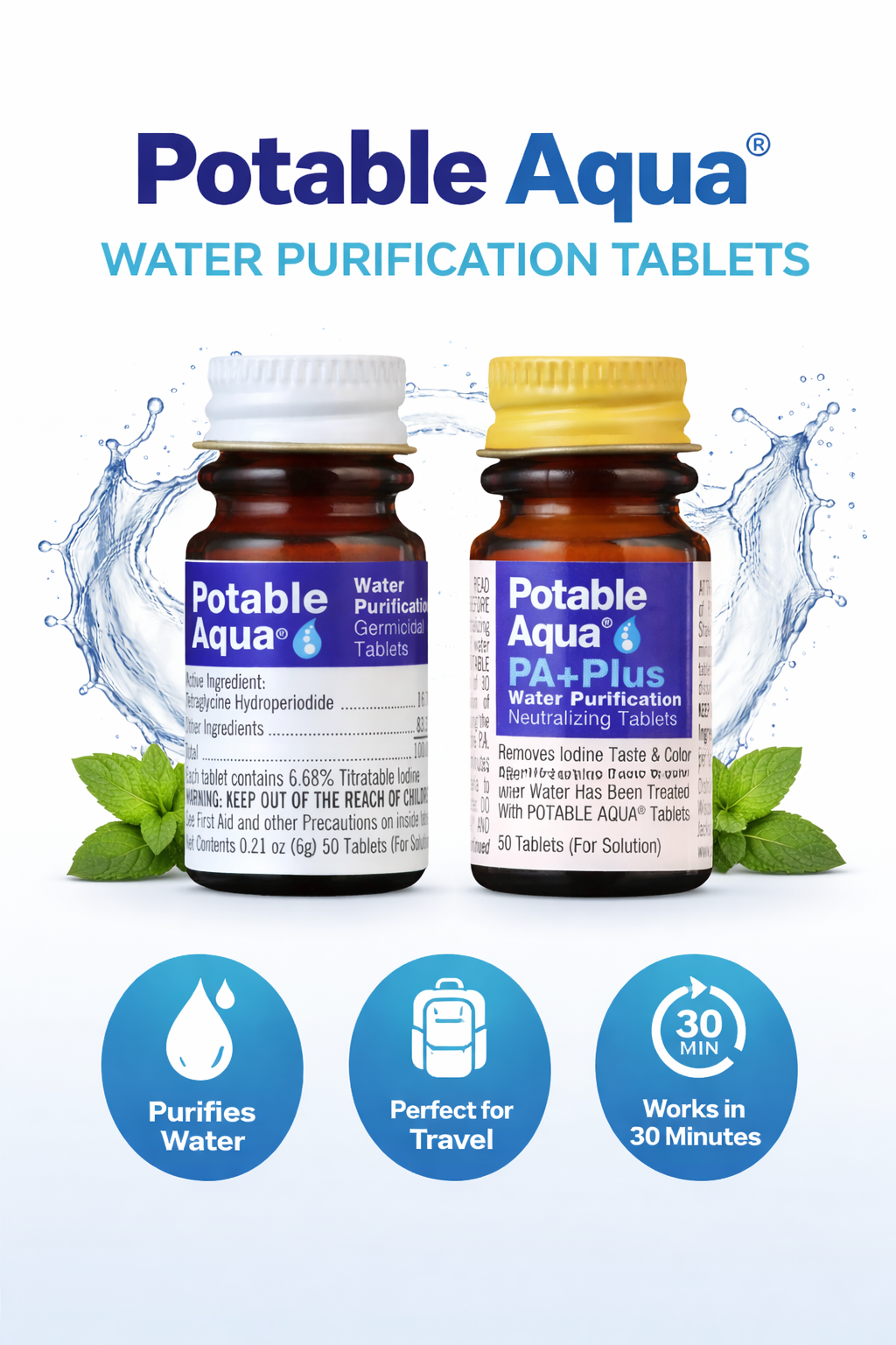 Frascos de comprimidos de purificação de água Potable Aqua e neutralizador PA Plus.