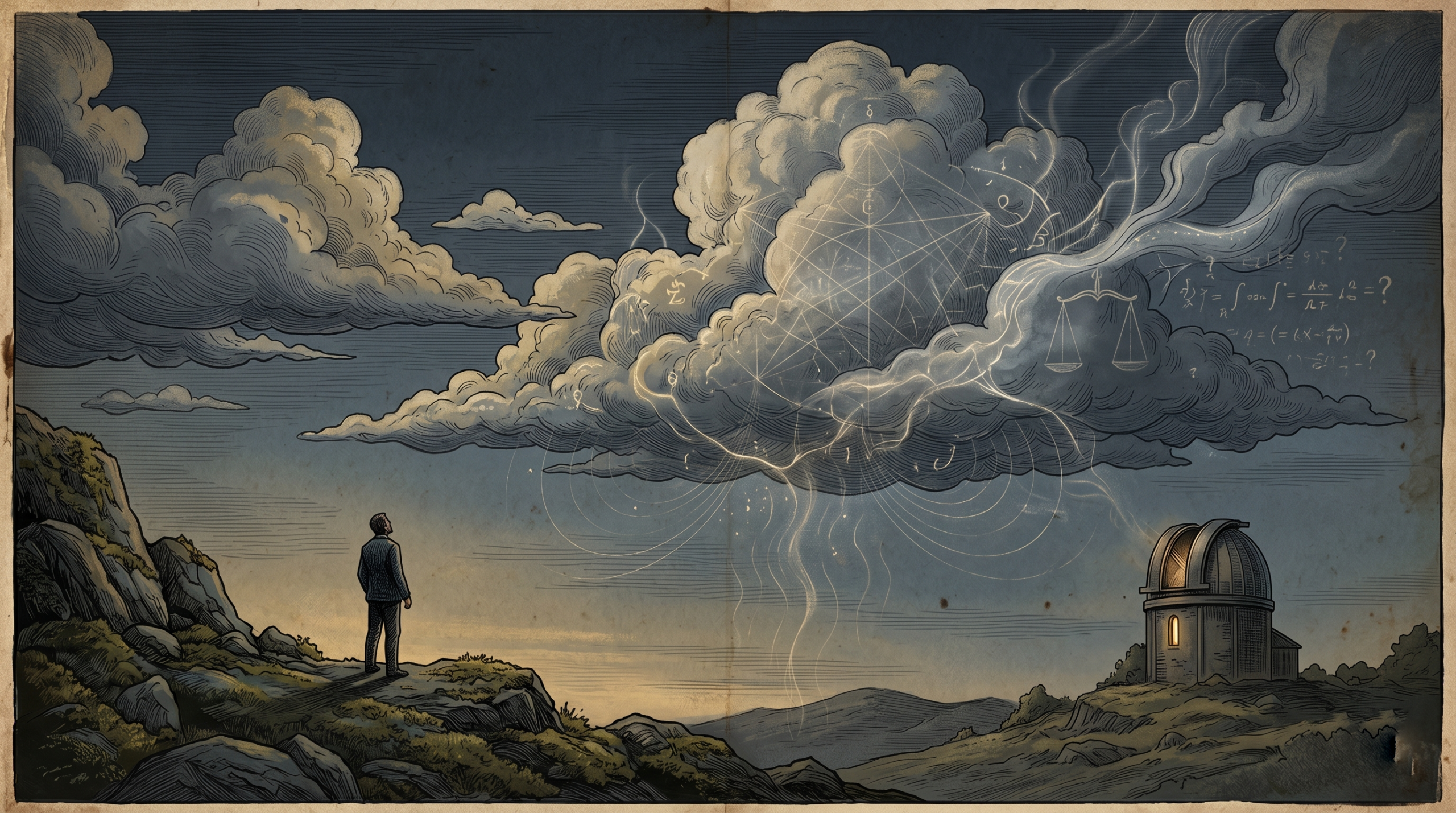 Ilustração artística vintage em chiaroscuro mostrando um homem observando uma nuvem massiva com geometria sagrada e uma balança oculta no céu.