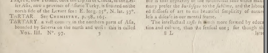 Recorte de página antiga da Encyclopædia Britannica mostrando o verbete “Tartary” em inglês.