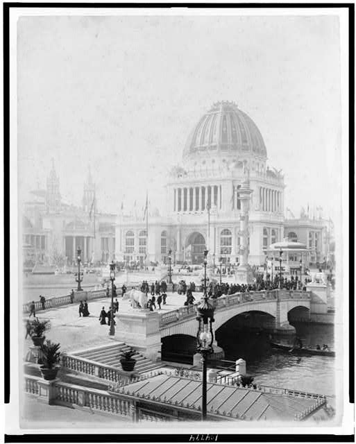 Vista dos edifícios e terrenos da Exposição Mundial de Chicago de 1893, conhecida como Cidade Branca.