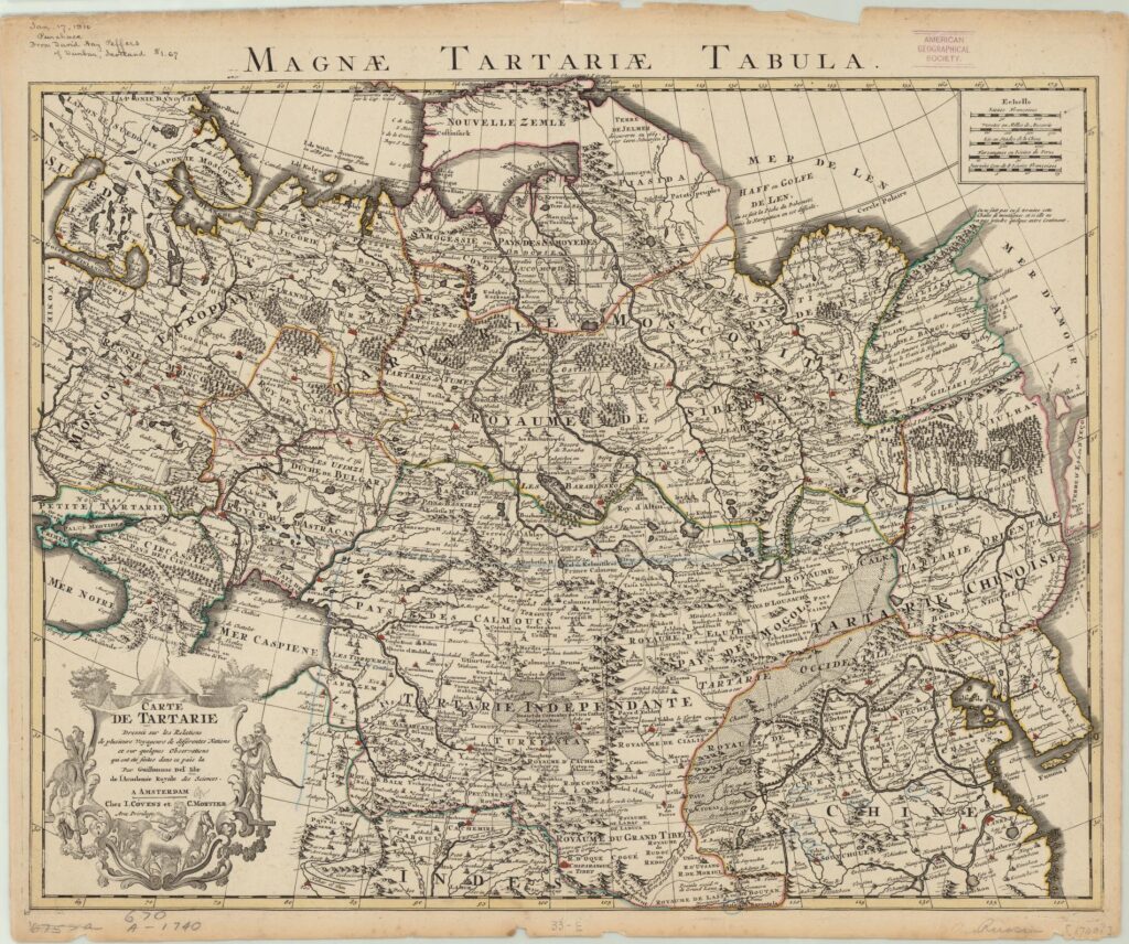 Mapa histórico da Grande Tartária publicado em Amsterdam em 1757.