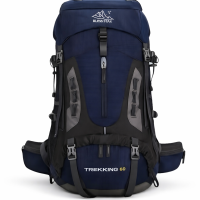 Mochila Cargueira 60L azul marinho para trekking e exploração tática.