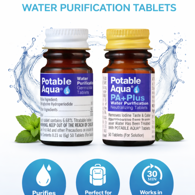 Frascos de comprimidos de purificação de água Potable Aqua e neutralizador PA Plus.