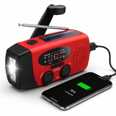 Rádio de emergência a manivela com carregamento solar e Power Bank disponível na Amazon.